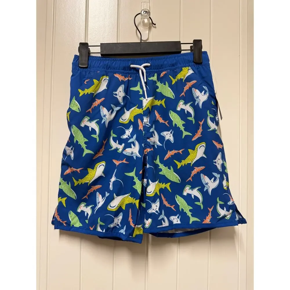 Lands End Boys Swim UPF 50+ Comfort Hydroliner SwimTrunks Neon Blue Sharks Large